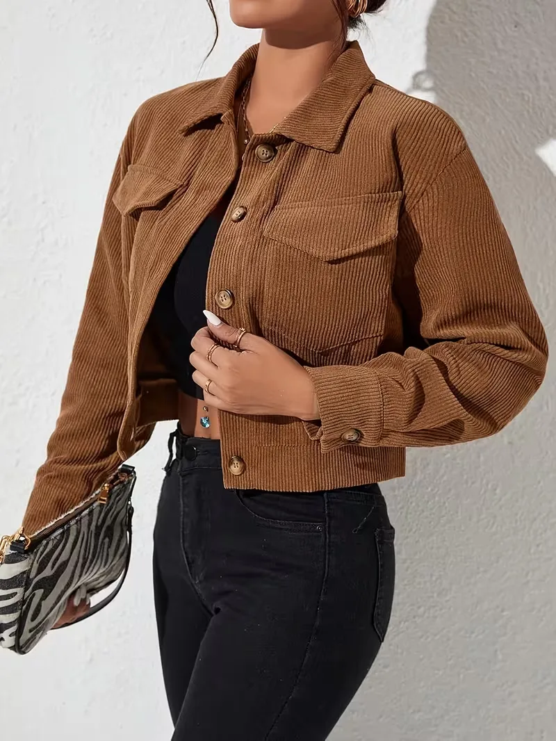 Chaquetas Casuales de Manga Larga con Solapa y Bolsillo de Pana de Color Sólido