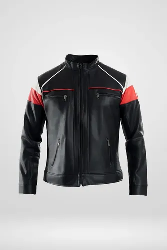 Chaqueta Cuero Piloto Hombre Negro con Rojo