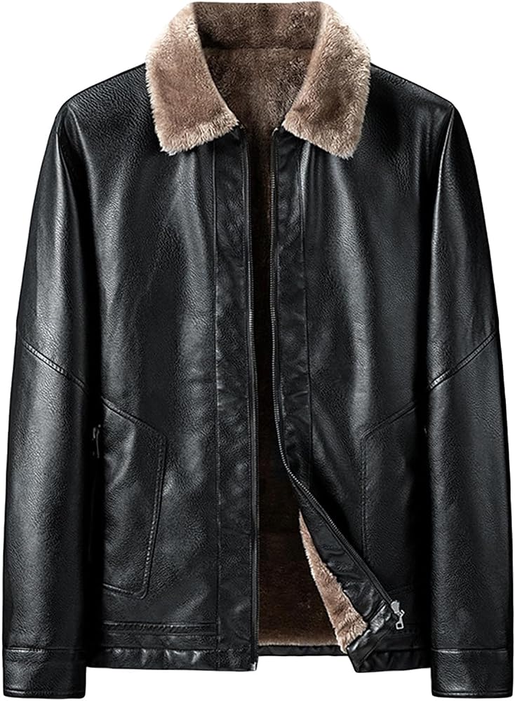 Chaqueta Cuero Negro con Cuello Ovejero Cafe Hombre