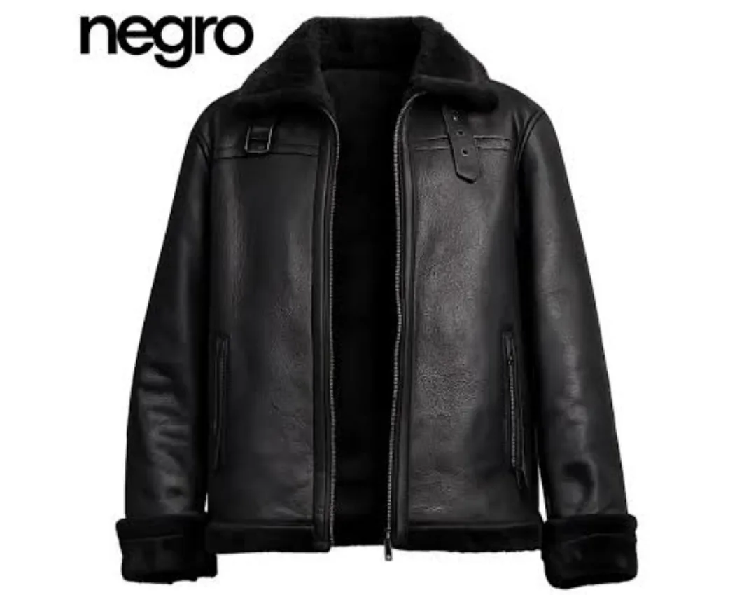 Chaqueta Cuero Cuello Ovejero Negro Hombre