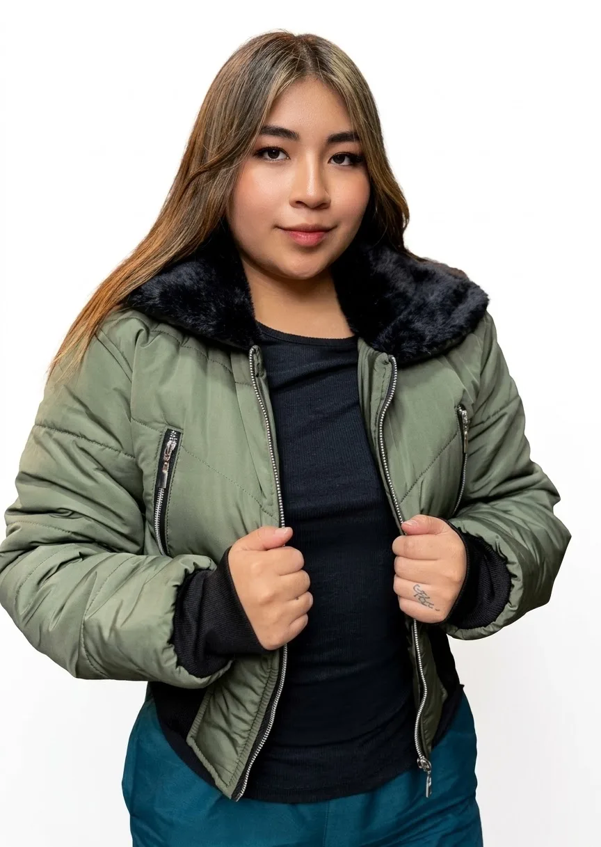 Chaqueta Impermeable Dama Verde Militar Cuello Felpa Negro