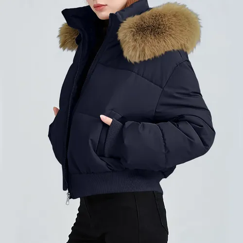 Chaqueta Bomber Importada Azul Oscuro Capota Felpa Beige