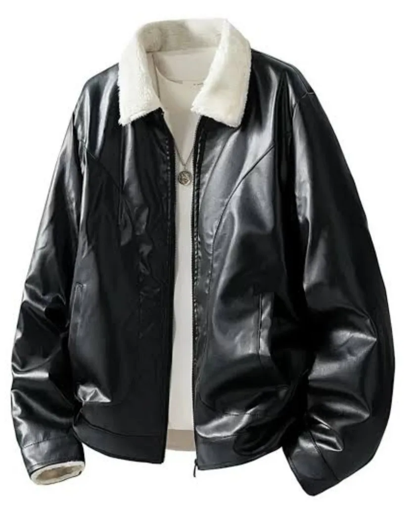 Chaqueta Cuero Negra Cuello Ovejero Blanco Hombre