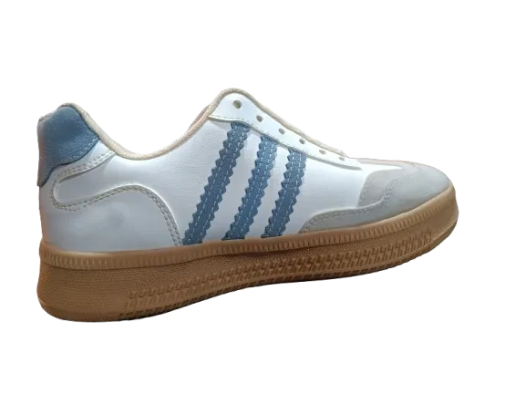 Zapato Blanco 3 Rayas Azul Cielo Suela Café Claro